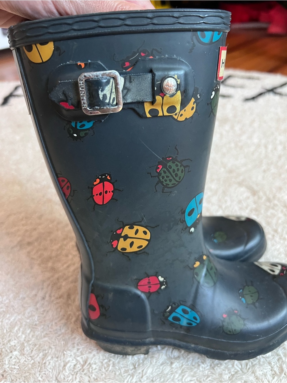 Hunter Kids Navy Rain Boots with Multicolor Ladybug Print - Picture 3 of 9